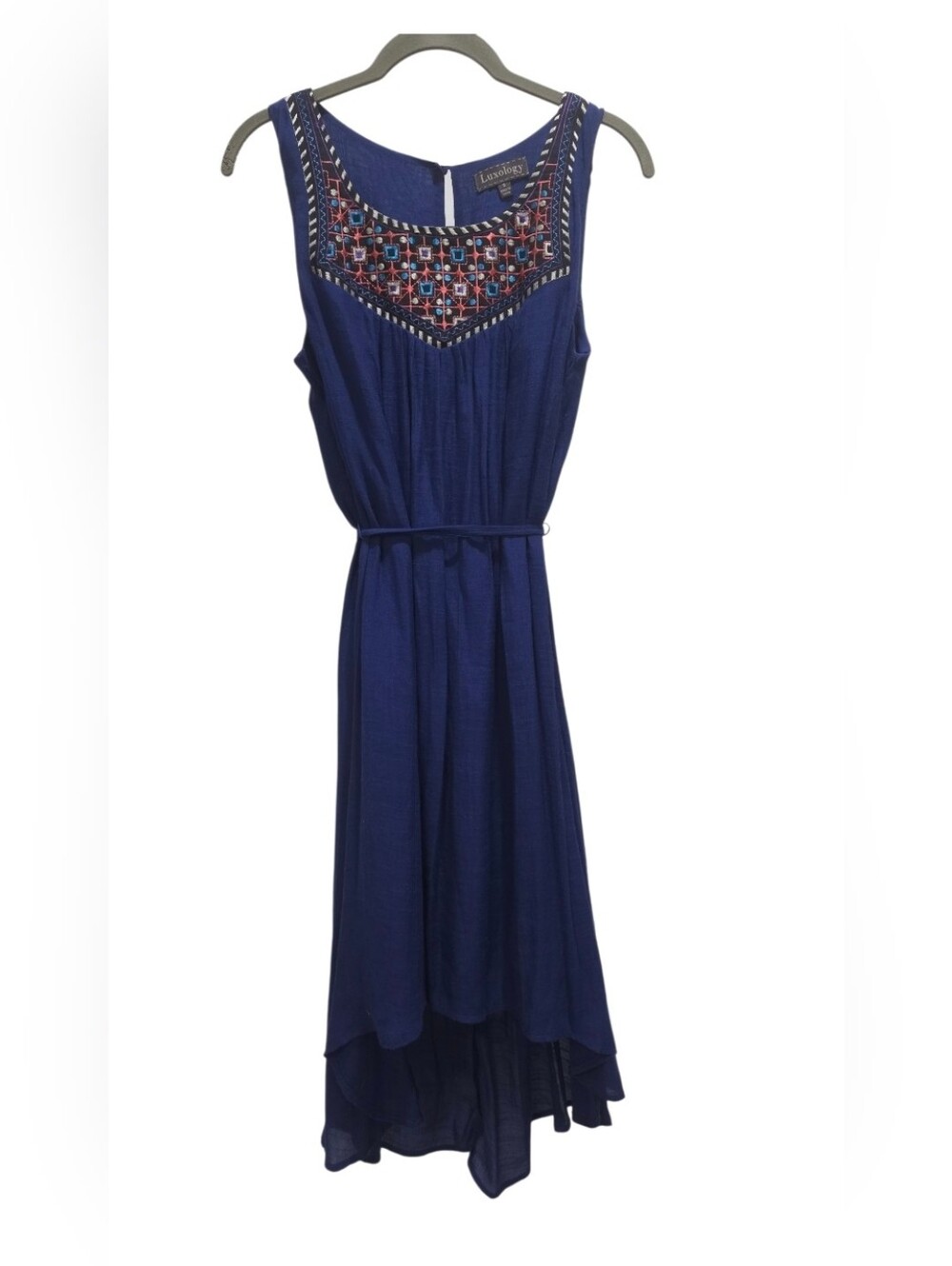 Luxology Blue High-low Dress With Embroidered Neckline, Small